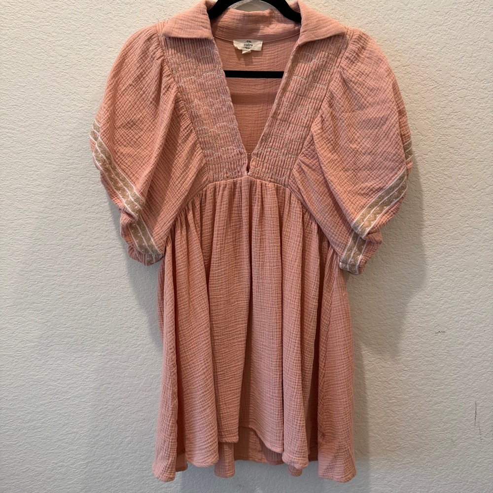 Entro Pink Gauze Mini Dress Smocked V-Neck Puff Sleeve Embroidered Boho Small
